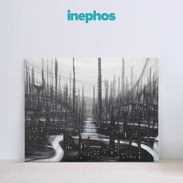 Black & White Futuristic Cityscape Canvas Painting – Modern Abstract Wall Art for Home & Office Décor