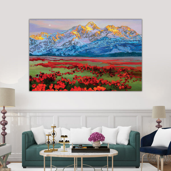 Flower Garden with Majesty Mountain Wall Painting for Living Room, Bedroom, Office, Hotels, Drawing Room