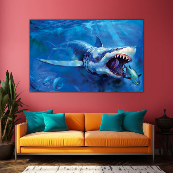 Fierce Shark Wall Painting for Living Room, Bedroom, Office, Hotels, Drawing Room