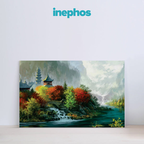 Serene Pagoda Landscape Wall Painting for Living Room, Bedroom, Office, Hotels, Drawing Room