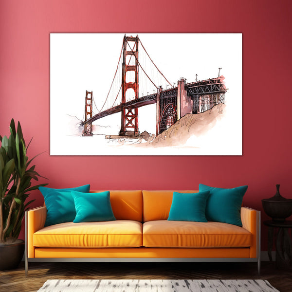 Golden Gate Bridge Watercolor Wall Painting for Living Room, Bedroom, Office, Hotels, Drawing Room