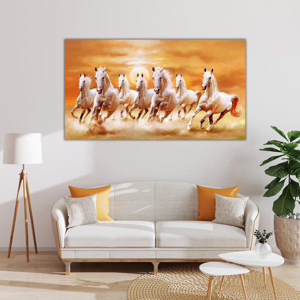 Seven Running White Horses Canvas Painting – Symbol of Power, Success & Prosperity for Living Room, Bedroom, Office, Hotels, Drawing Room