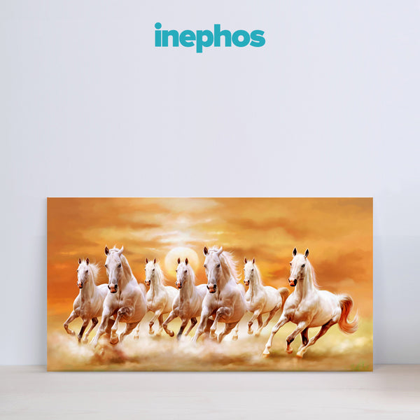 Seven Running White Horses Canvas Painting – Symbol of Power, Success & Prosperity for Living Room, Bedroom, Office, Hotels, Drawing Room