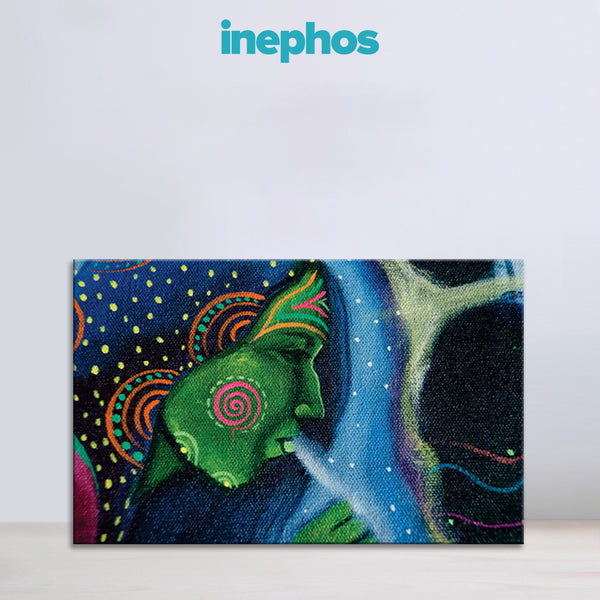 Canvas print with a colorful abstract design featuring a green figure and spiral patterns, branded 'inephos'.