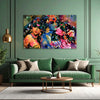 Colorful abstract painting on a green wall above a green sofa.