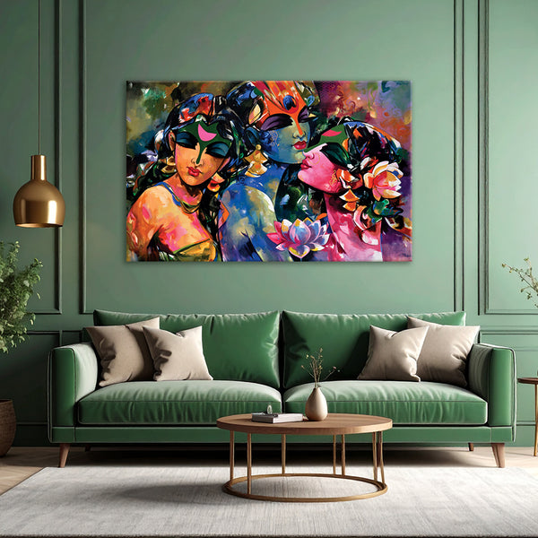 Colorful abstract painting on a green wall above a green sofa.
