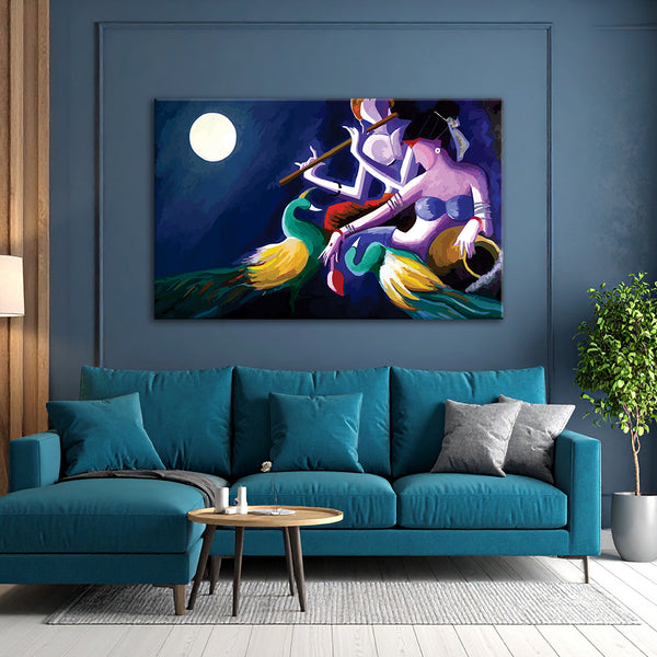 Moonlit Radha-Krishna Wall Painting for Living Room, Bedroom, Office, Hotels, Drawing Room