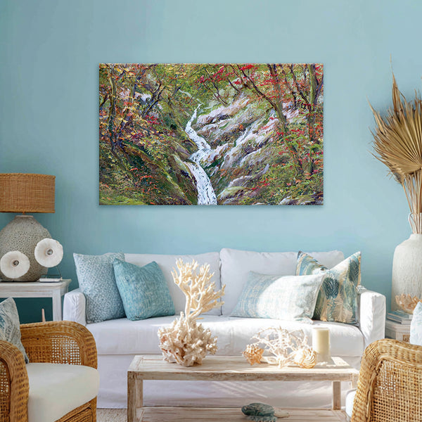 Tranquil Waterfall in Forest Wall Painting for Living Room, Bedroom, Office, Hotels, Drawing Room