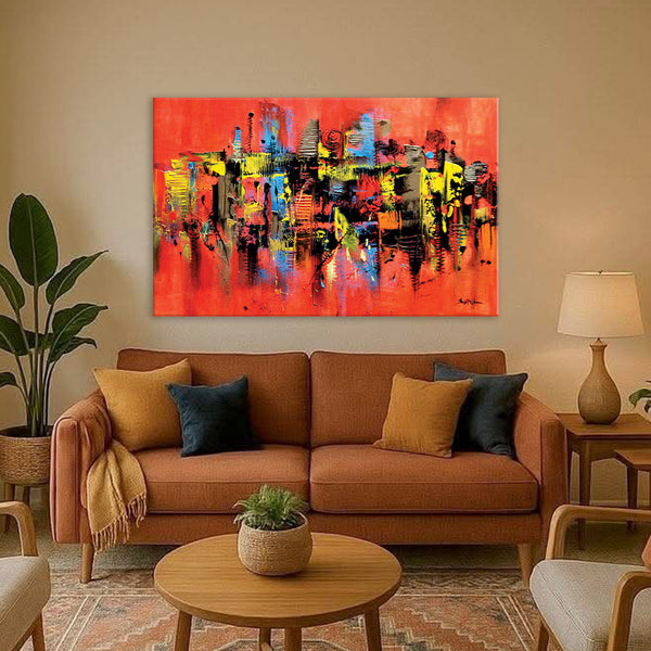 Colorful Abstract Cityscape Wall Painting for Living Room, Bedroom, Office, Hotels, Drawing Room