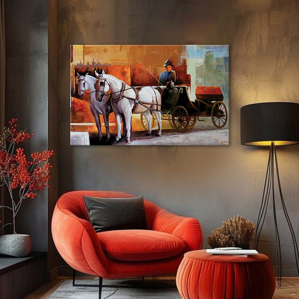 Charming Horse-Drawn Carriage Wall Painting for Living Room, Bedroom, Office, Hotels, Drawing Room