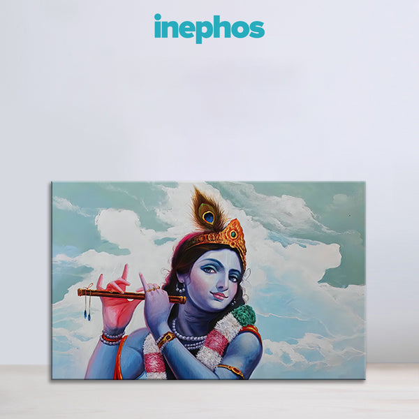 Canvas print of a deity playing a flute with 'inephos' branding above.