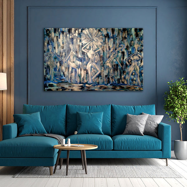 Modern living room with a blue sofa, abstract painting, and decorative items.