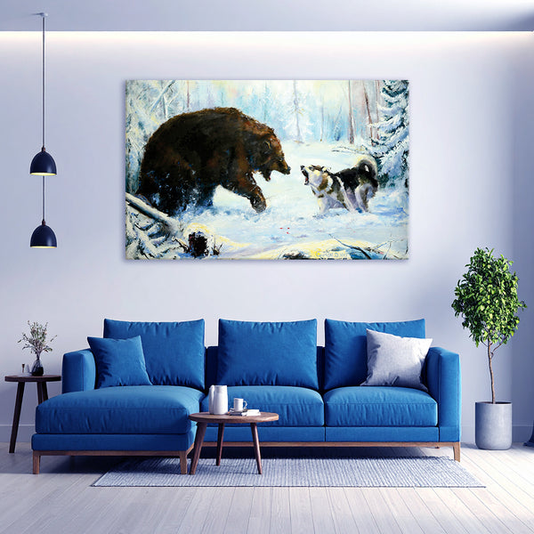 Dramatic Wildlife Encounter Wall Painting for Living Room, Bedroom, Office, Hotels, Drawing Room