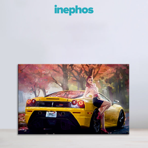 Elegant Car and Model Wall Painting for Living Room, Bedroom, Office, Hotels, Drawing Room