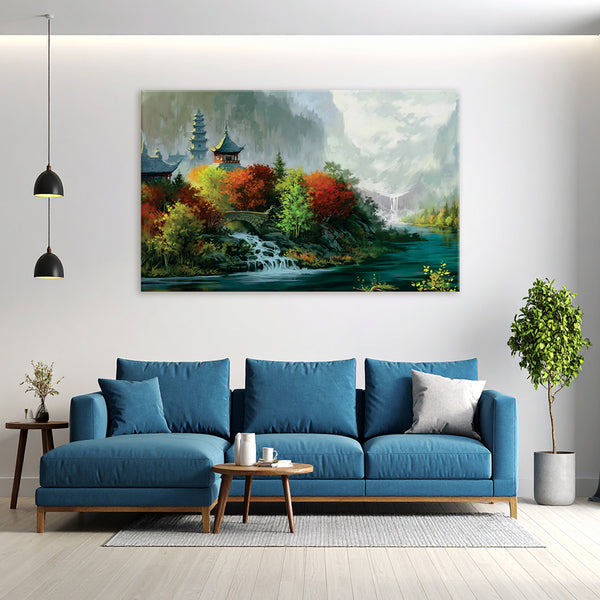 Serene Pagoda Landscape Wall Painting for Living Room, Bedroom, Office, Hotels, Drawing Room