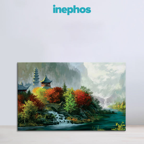 Serene Pagoda Landscape Wall Painting for Living Room, Bedroom, Office, Hotels, Drawing Room
