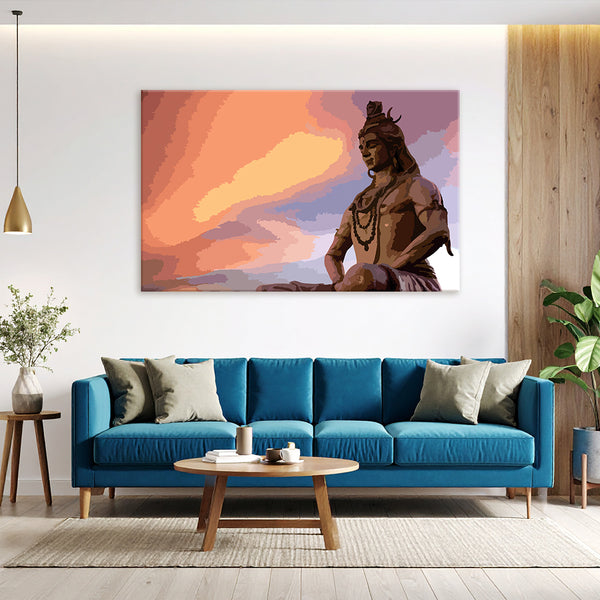 Shiva Statue at Sunset Wall Painting for Living Room, Bedroom, Office, Hotels, Drawing Room