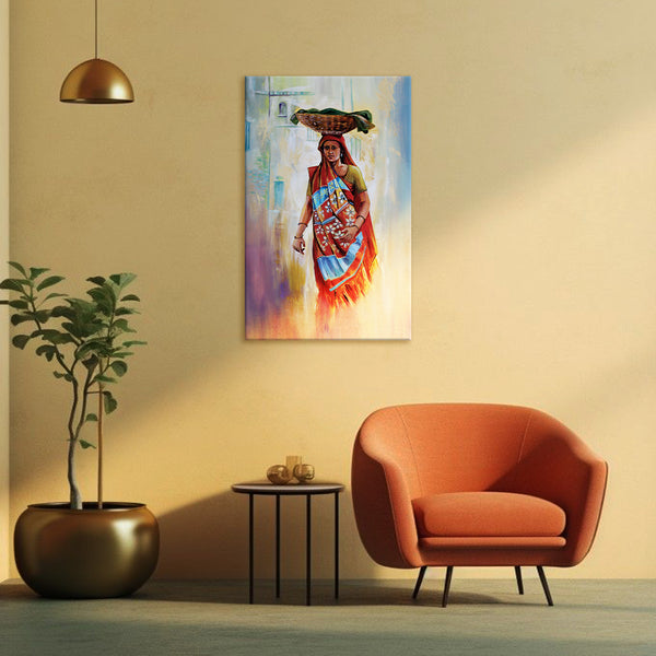Woman with Basket Wall Painting for Living Room, Bedroom, Office, Hotels, Drawing Room