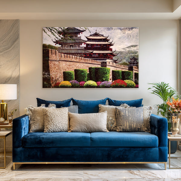 Serenity of the East - Oriental Temple Wall Painting for Living Room, Bedroom, Office, Hotels, Drawing Room