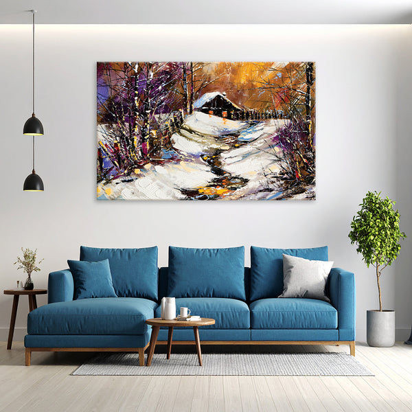 Snowy Cabin Wall Painting for Living Room, Bedroom, Office, Hotels, Drawing Room