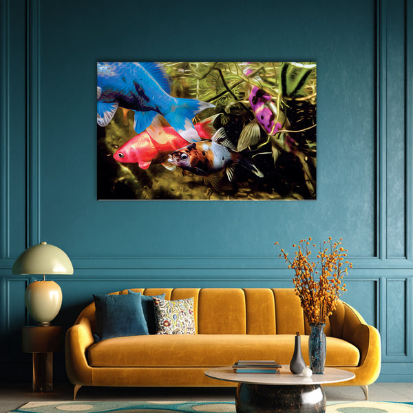 Colorful Fish in a Pond Wall Painting for Living Room, Bedroom, Office, Hotels, Drawing Room