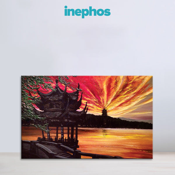 Sunset Temple Lake Painting – Calm Landscape Canvas Wall Art for Living Room, Bedroom, Office, Hotels, Drawing Room