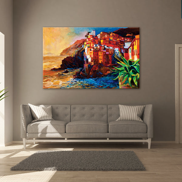 Sunset Over Coastal Town Wall Painting for Living Room, Bedroom, Office, Hotels, Drawing Room
