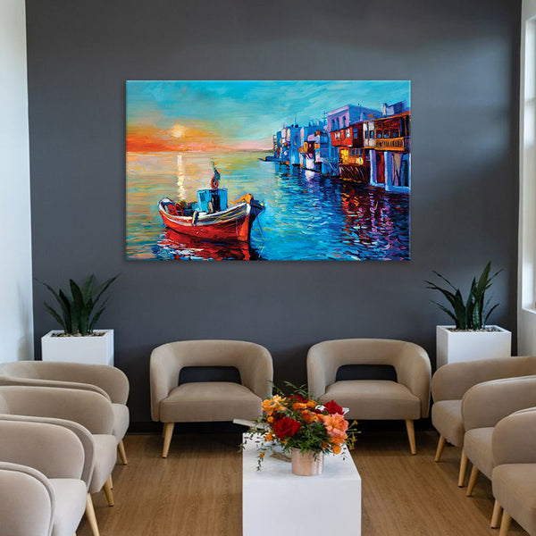Coastal Sunset & Boat Canvas Painting – A Vivid Escape to Serenity Paintings for Living Room, Bedroom, Office, Hotels, Drawing Room