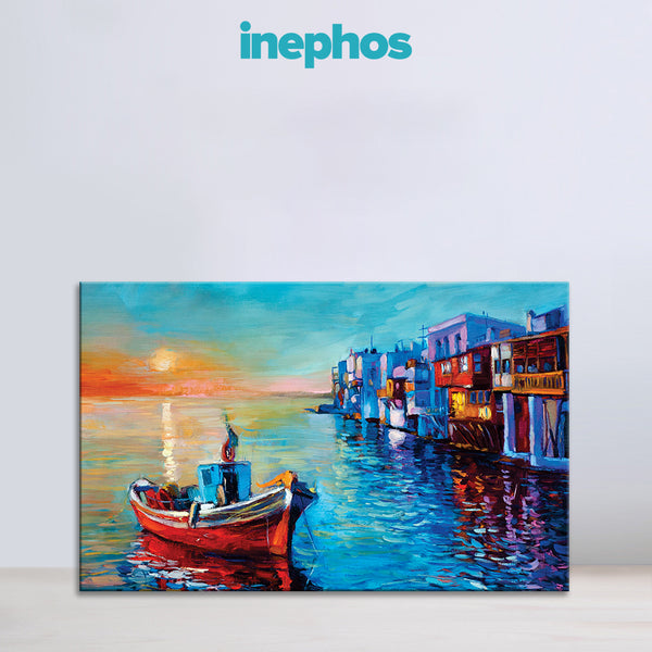 Coastal Sunset & Boat Canvas Painting – A Vivid Escape to Serenity Paintings for Living Room, Bedroom, Office, Hotels, Drawing Room