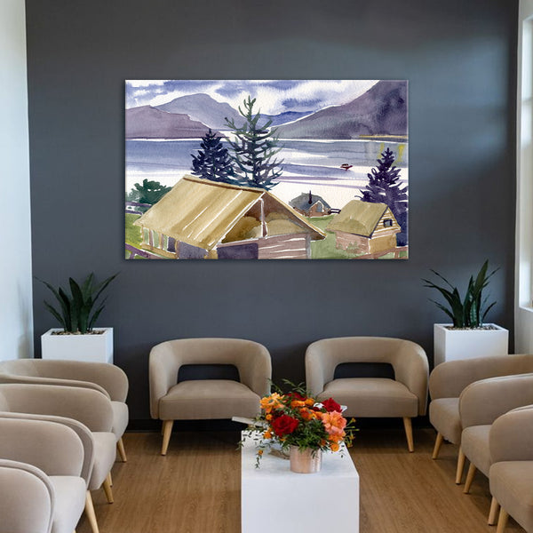 Lakeside Cabin Watercolor Canvas Painting for Home & Office