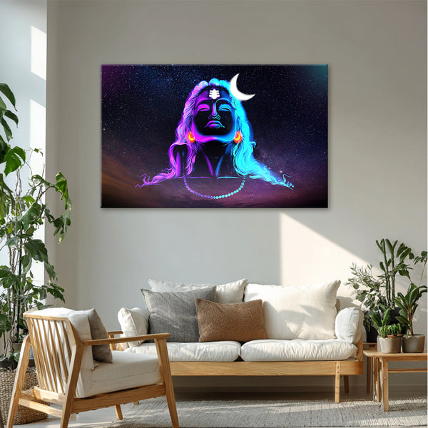 Colorful abstract painting of a face with a crescent moon above a sofa in a living room.