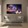 Living room with a large wall art piece featuring a temple and colorful face design.