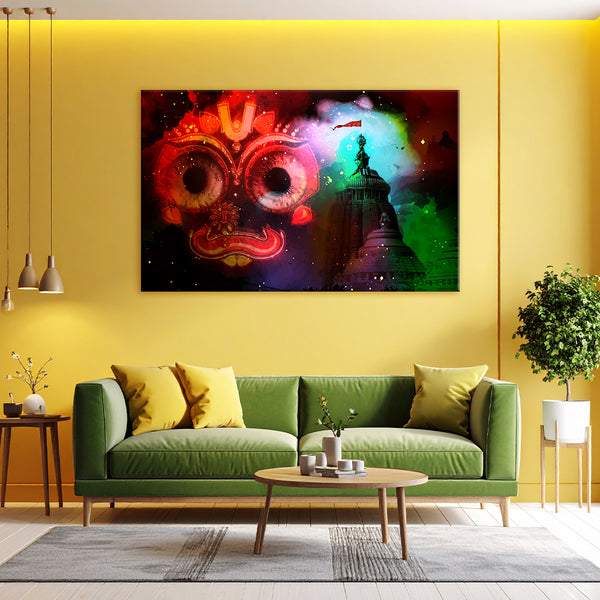 Living room with a green sofa, colorful abstract painting on the wall, and decorative items.