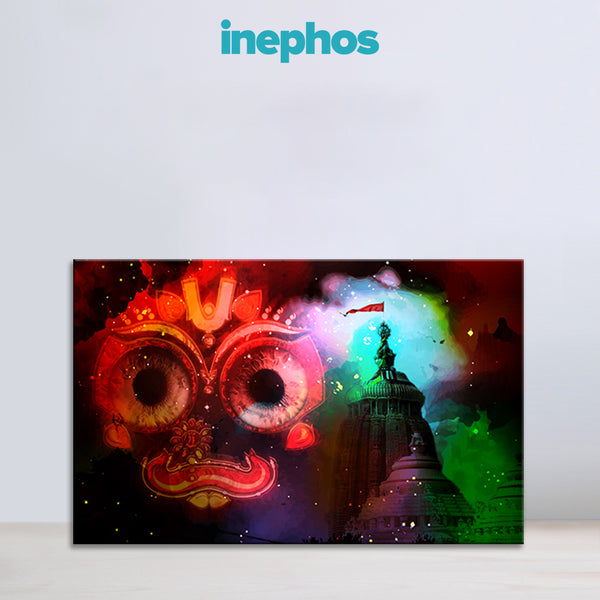 Colorful artwork with a stylized face and pagoda-like structure on a white background, featuring the brand 'inephos'.