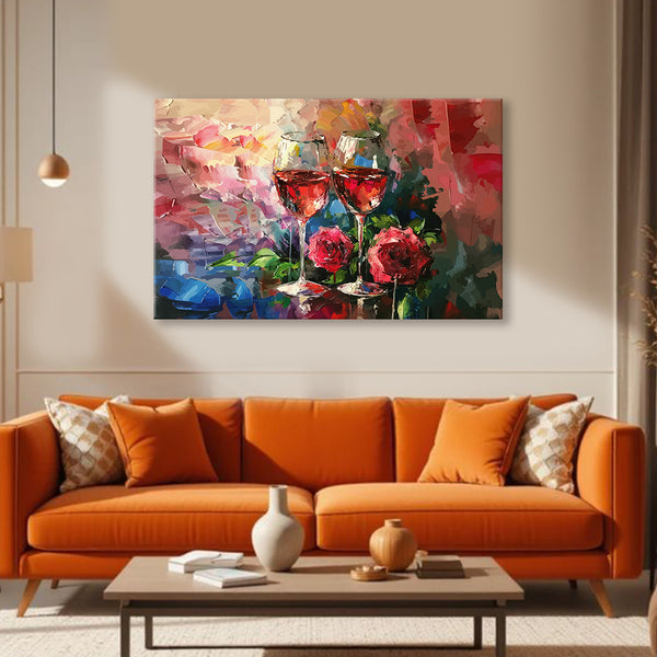 Romantic Wine Glasses and Roses Abstract Canvas Painting for Bedroom, Living Room & Dining Area | Modern Couple Theme Wall Art | Elegant Home Décor Gift for Anniversary & Housewarming