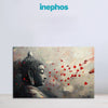 Painting of a Buddha figure with red flowers on a light gray background, featuring the brand 'inephos'.