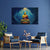 Living room with a large Buddha painting on a blue wall, two chairs, and a small table with decor.