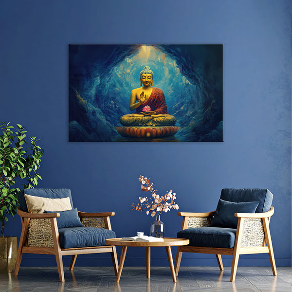 Living room with a large Buddha painting on a blue wall, two chairs, and a small table with decor.