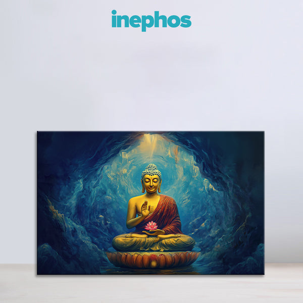 Buddha statue with a lotus flower in a blue cave, brand 'inephos' visible