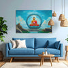 Living room with blue sofa, wooden coffee table, and Buddha painting on the wall.