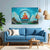 Living room with blue sofa, wooden coffee table, and Buddha painting on the wall.