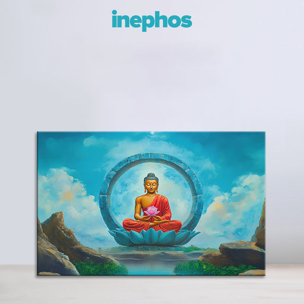 Framed artwork of a Buddha figure in a serene landscape with 'inephos' branding.