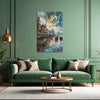 Green living room with a sofa, coffee table, and abstract painting on a green wall.