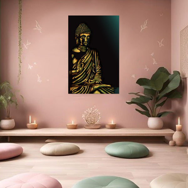 Golden Buddha Canvas Painting for Living Room, Bedroom & Meditation Space | Spiritual Wall Art of Lord Buddha | Peaceful Home Décor & Gift for Positivity, Balance & Enlightenment