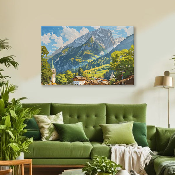 Majestic Mountain Village Canvas Painting for Living Room & Office | Scenic Landscape Wall Art | Nature-Inspired Wall Décor Gift for Home, Bedroom & Art Enthusiasts