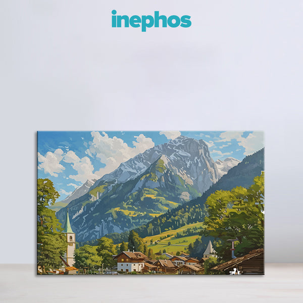 Majestic Mountain Village Canvas Painting for Living Room & Office | Scenic Landscape Wall Art | Nature-Inspired Wall Décor Gift for Home, Bedroom & Art Enthusiasts