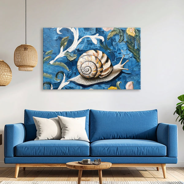 Elegant Snail and Nature Canvas Painting for Living Room, Bedroom & Office | Textured Blue Botanical Wall Art | Nature-Inspired Home Décor Gift for Art Lovers & Modern Interiors