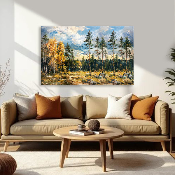 Tranquil Forest Landscape Canvas Painting for Living Room, Bedroom & Office | Nature-Inspired Wall Art | Serene Pine Tree Home Décor Gift for Art Lovers & Nature Enthusiasts