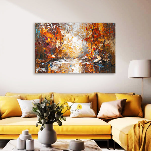 Golden Autumn River Canvas Painting for Living Room, Bedroom & Office | Nature-Inspired Wall Art | Warm Fall Landscape Home Décor Gift for Art Lovers & Interior Enthusiasts