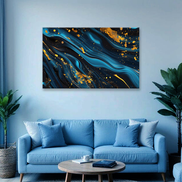 Luxury Blue & Gold Abstract Canvas Painting for Living Room, Bedroom & Office | Modern Fluid Art Wall Décor | Elegant Home Decoration Gift for Art Enthusiasts & Stylish Interiors